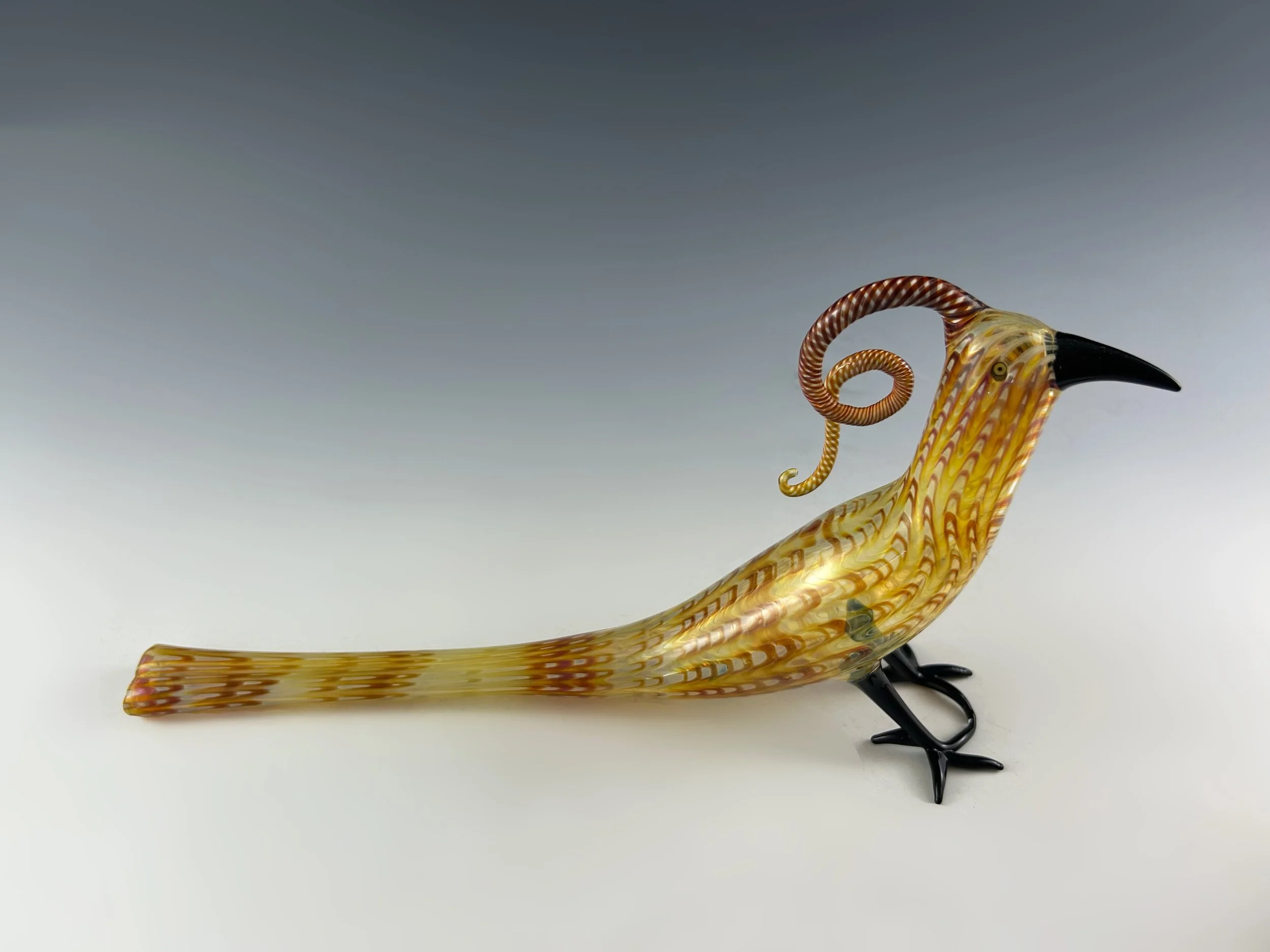 Glass Amber-Feathered Bird w Crown by Andrew Pollack — POLLACK